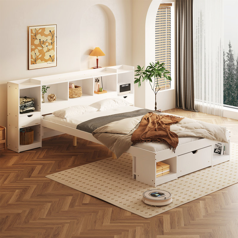 Lit plateforme avec rangement multiple, Blanc