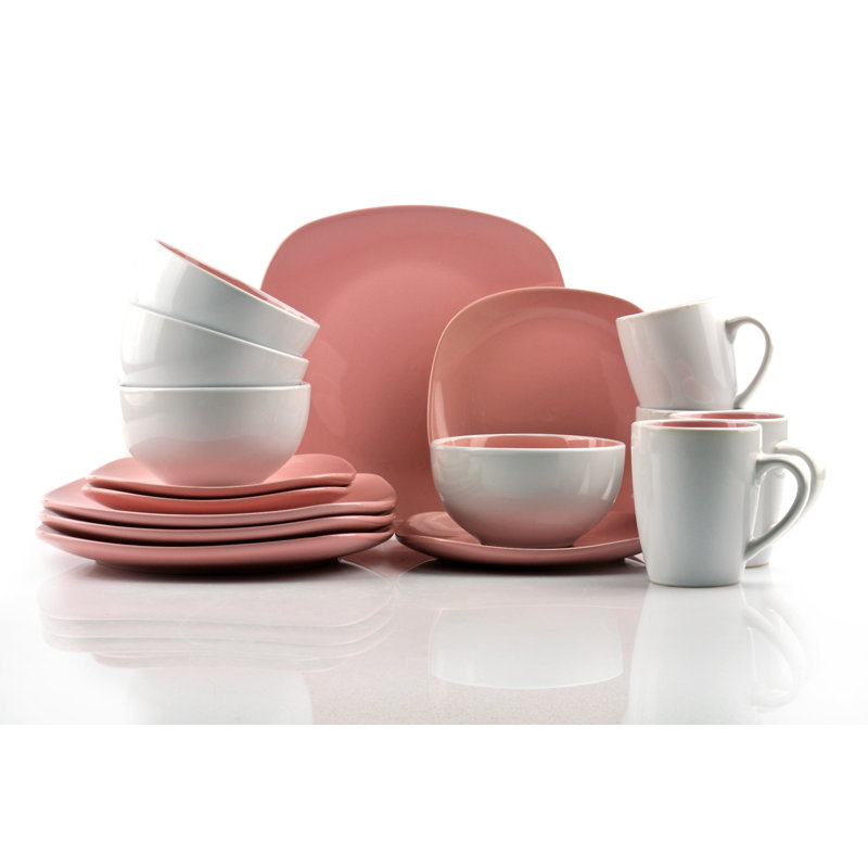 Nova Piece Ceramic Dinnerware Set - Service for 4, Pink/White