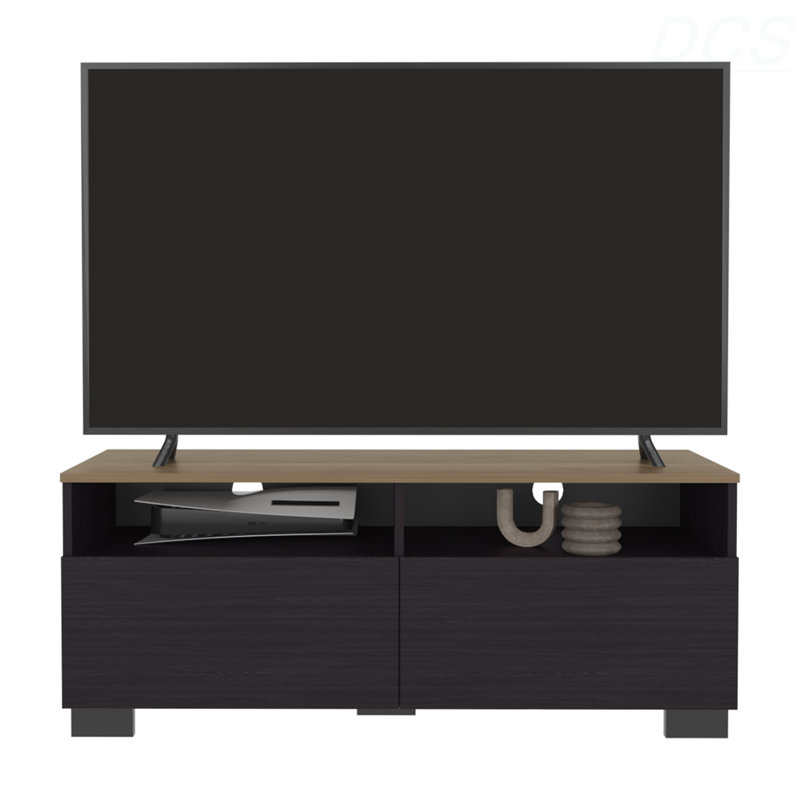 Meuble télé Mesocal avec rangement et porte ouverte, meuble télé