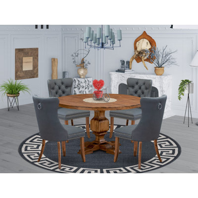 L'ensemble de table à manger 5 pièces comprend une table de salle à manger et 4 chaises de salle à manger en similicuir gris platine avec dossier capitonné - Finition noyer antique