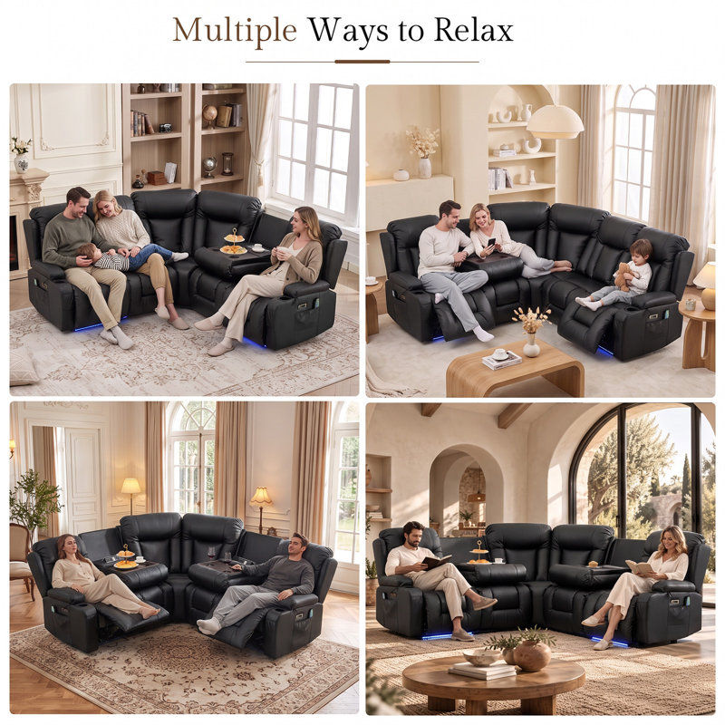 Upholstered 77 " Power Reclining L-Shaped Corner Sectional, PU Leather Black