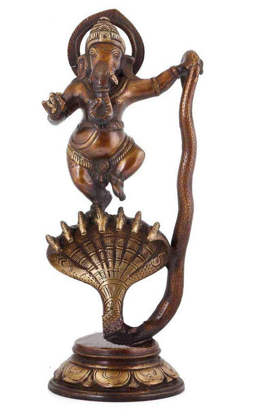 Statue de serpent dansant sur Sheshnag fabriquée à la main en laiton, seigneur Ganesha, figurine de divinité traditionnelle de 12 po pour autel et salle de méditation