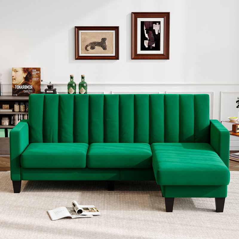 Modern Velvet 3 Seater Sofa with Convertible Ottoman, Green Velvet