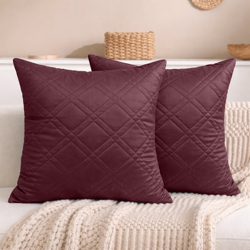 Aspire Homeware Diamond-Pattern Square Velvet Cushion Cover, Burgundy, Pack of 2