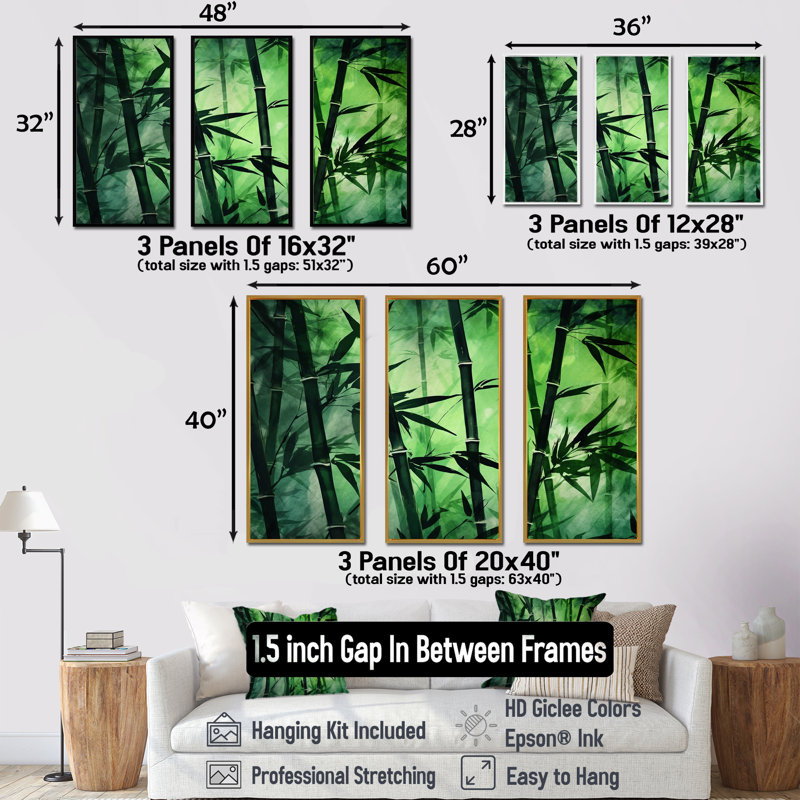 Bambou vert foncé et clair - ensemble d'art mural en bambou, H 40 po x l 60 po x P 1 po, Cadre naturel flottant
