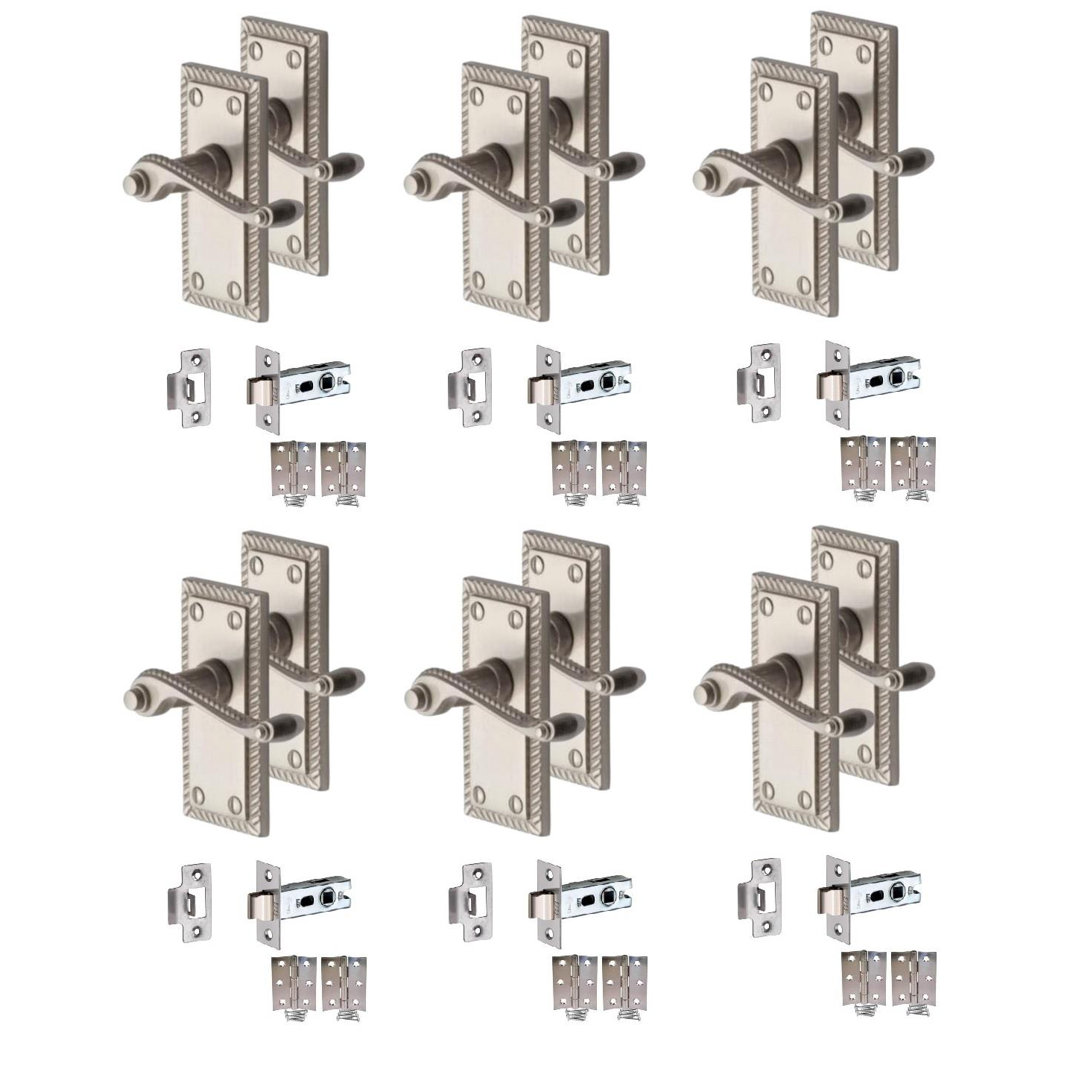 6 Pair Georgian Lever Latch Door Handles in Satin Chrome - 107mm x 48mm