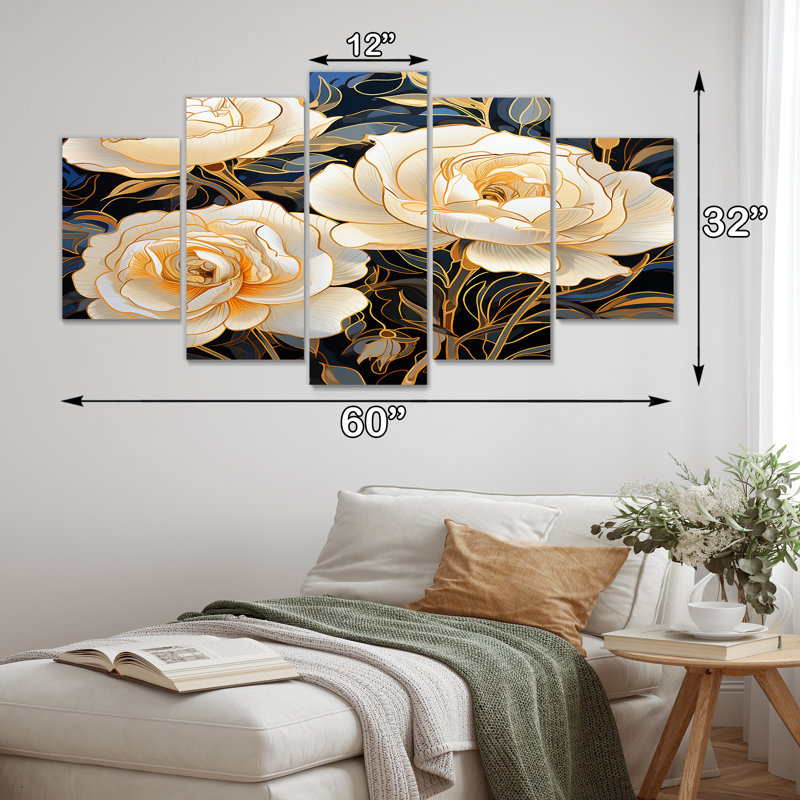 «White Rose Golden Leaves Retro Blue - Roses», ensemble d'art mural 5 pièces