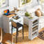 Îlot de cuisine roulant avec table allongée, îlot de cuisine sur roulettes avec lumières DEL, prises de courant et 2 portes en verre cannelé, îlot de cuisine avec compartiment de rangement et 3 tablettes ouvertes latérales