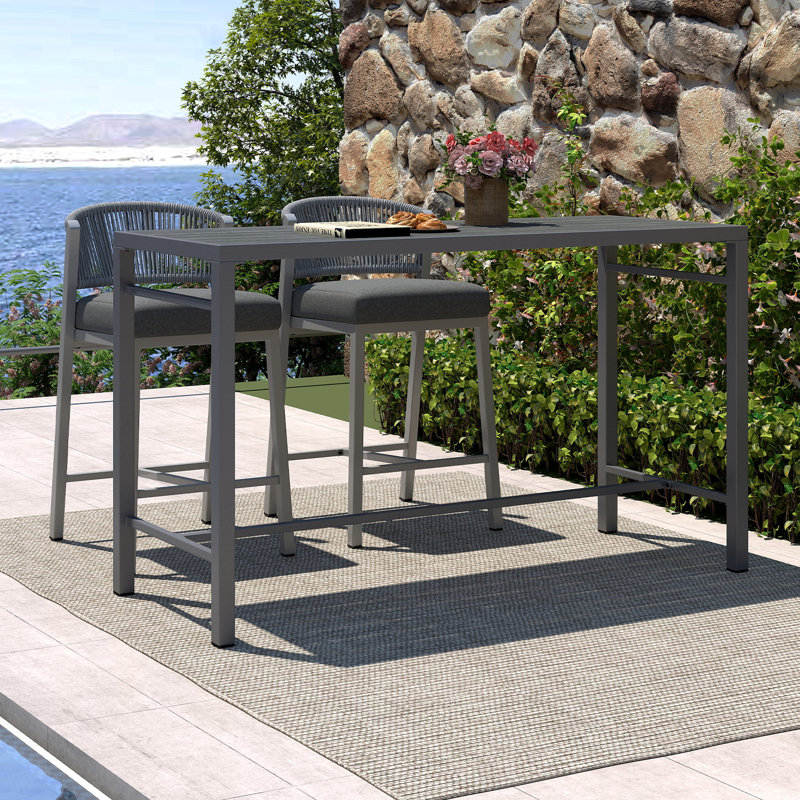 Tabourets de bar d'extérieur en corde de patio avec repose-pieds et structure en aluminium, Gris