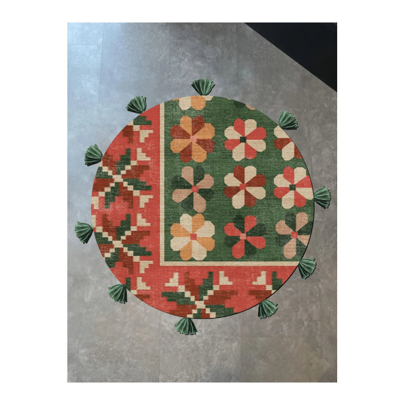 Green Pink Themed Mixed Shape Patterned Modern Woven Base Round Decorative Carpet, Round 4'