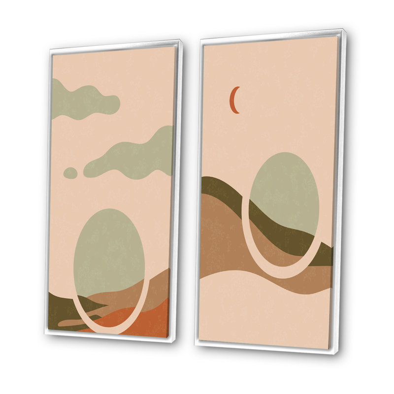 «Retro Sunrise Landscape with Moon I», ensemble de 2 impressions, H 32 po x l 32 po x P 1 po, Toile avec cadre blanc