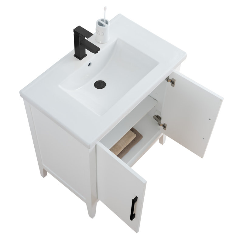 Meuble-lavabo simple 30 po avec comptoir en céramique Chambery, Blanc, Noir mat, H 34 po x l 30 po x P 18,5 po