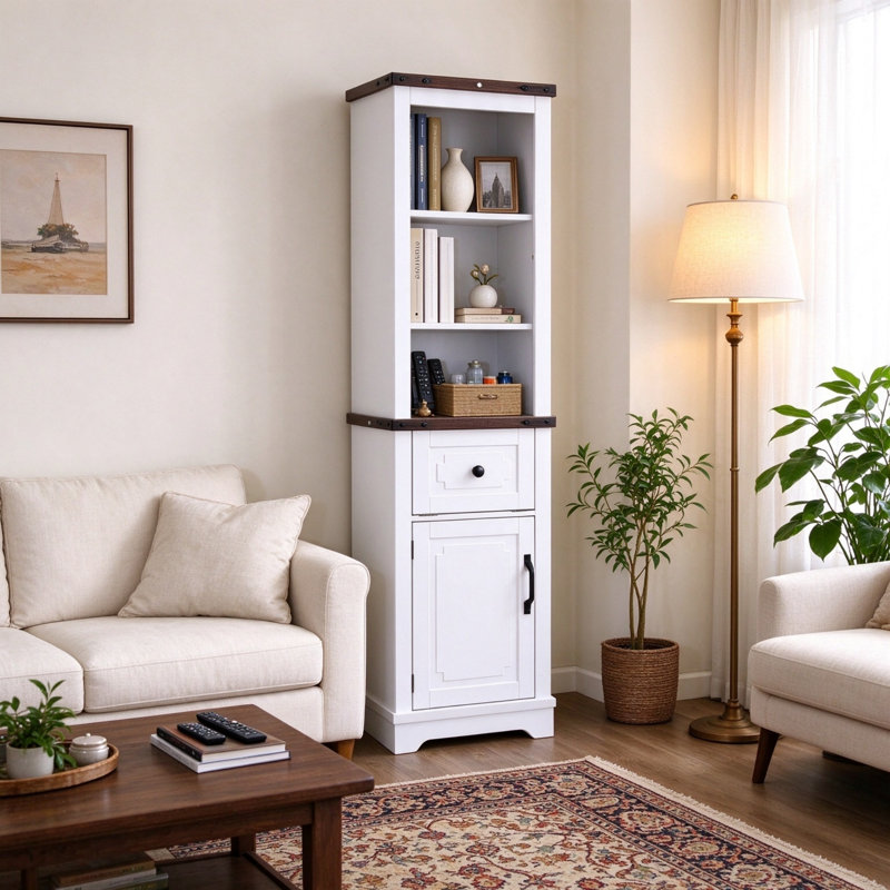 Armoire de rangement étroite Farmhouse, Blanc + noyer