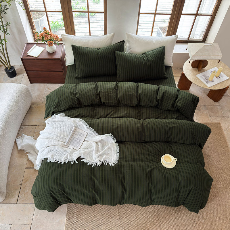 Ensemble de housse de couette rayé 100% coton délavé DONEUS, Housse de couette pour très grand lit et 2 taies 