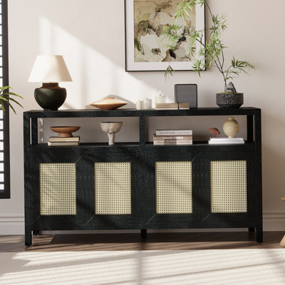 Armoire de rangement en rotin de style bohémien avec structure en bois massif, buffet avec tablettes réglables à 3 positions pour le salon et la salle à manger, conception à pousser sans poignée (noir)