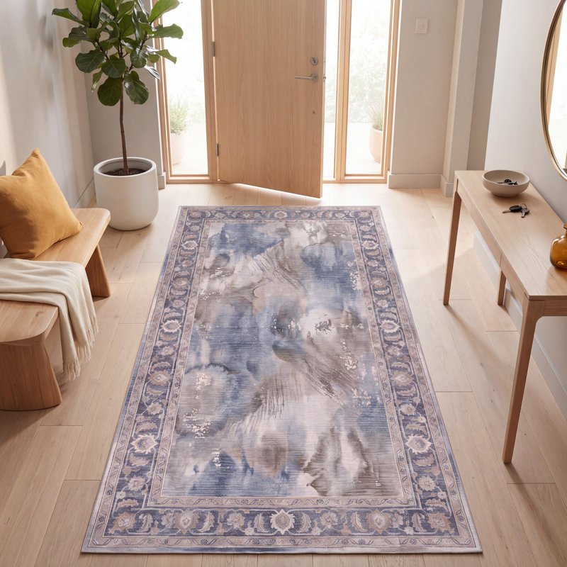 Tapis Prairie moderne à poils courts, style aquarelle abstraite, bleu, gris, or, crème, ivoire, lavable à la machine, antidérapant, pour l'intérieur et l'extérieur, adapté aux animaux domestiques, idéal pour le salon, la chambre, la salle à manger, l'entrée, le couloir ou le bureau.