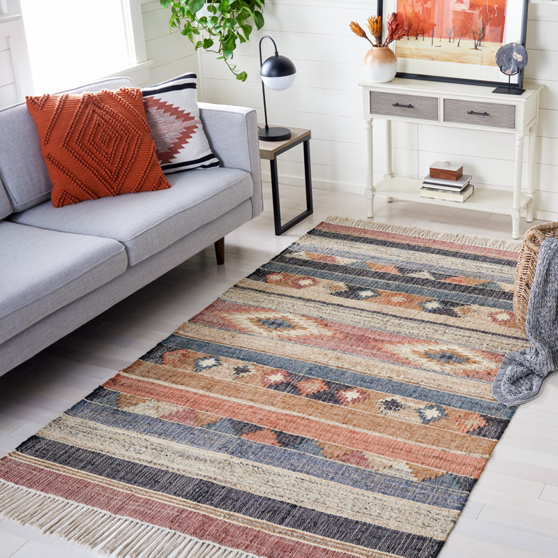 Friley Southwesten Flatweave Jute/Cotton Blue/Rust Area Rug, Rectangle 5' x 8'