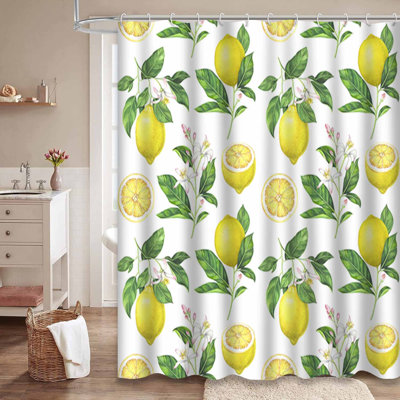 Lemon White Watercolor Vintage Lime Wallpaper Botanical Floral Food Art Shower Curtain with 12 Hooks