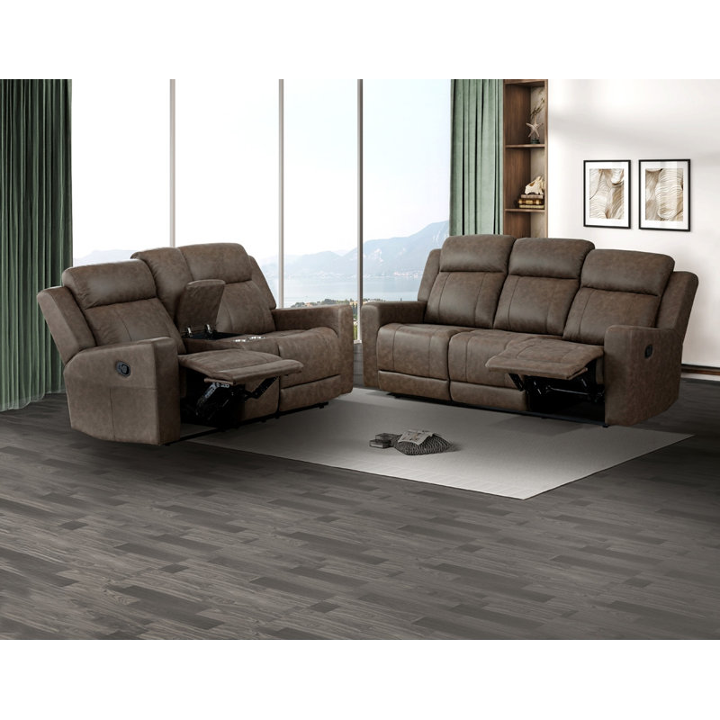 Ensemble 2 pièces: canapé inclinable et causeuse avec console, microfibre polie brune, Brown