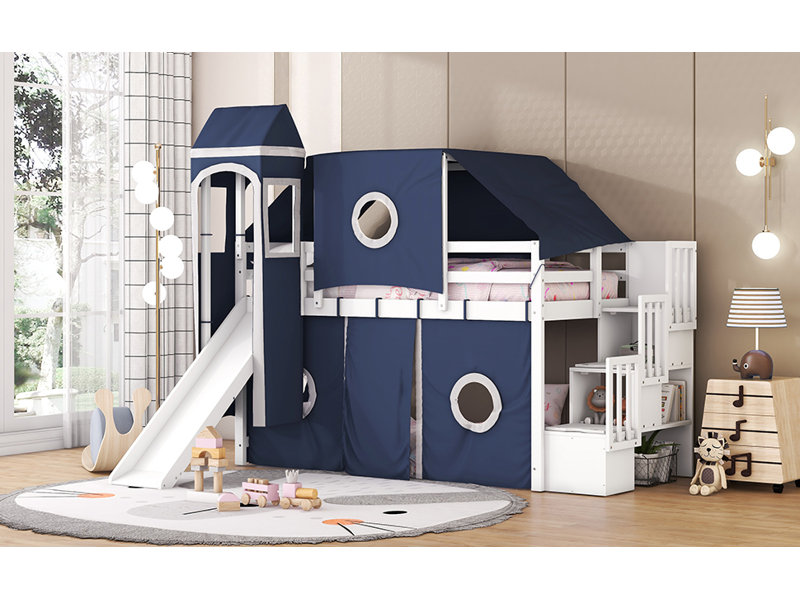 Lit mezzanine avec tente et tour, Bleu