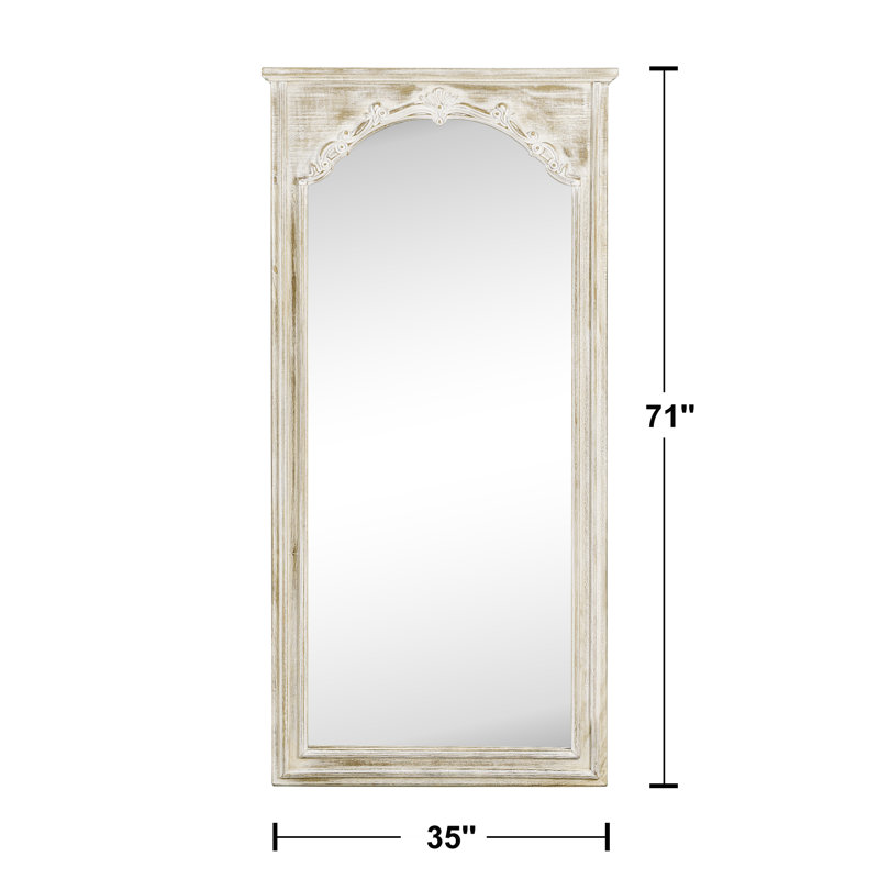 Rectangle Wood Full Length Mirror Wall Mirror with Inner Arch Carved Frame, Weathered White