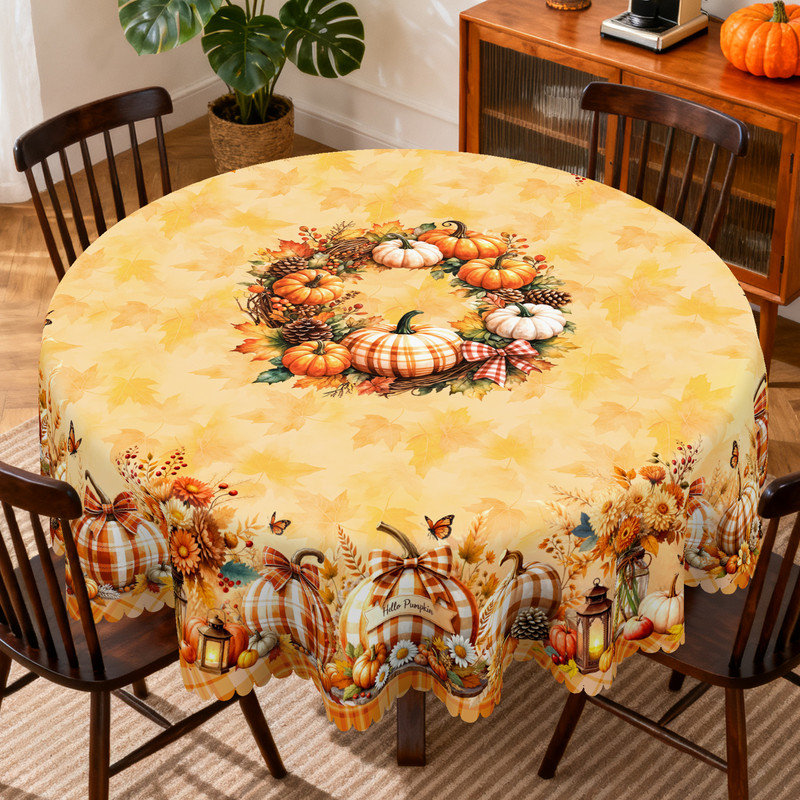 Golden Autumn Pumpkin-Patterned Machine-Washable Polyester Tablecloth