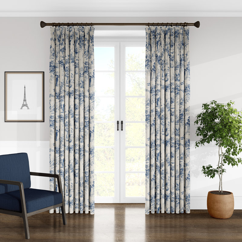 Provence 100% Cotton Toile Room Darkening Pinch Pleat Single Curtain Panel, 40" W x 120" L