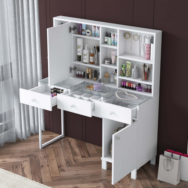 Modern Make-Up Table with Wall-Mount Option, White | 47.2 x 53.8 x 15.7 inches | 100% Melamine Coated E1 Quality Chipboard, Thickness: 0.7 inches | Numerous Shelves for Organization, Elegant Design for Any Space