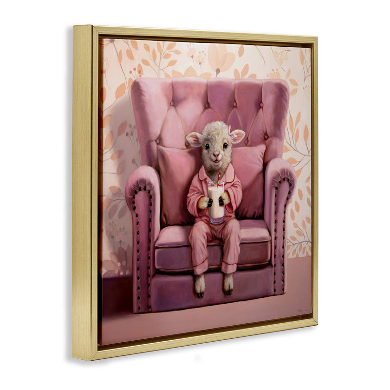 «Baby Cow in Pink Chair» par Lucia Heffernan, Cadre flottant métallique doré, H 18 po x l 18 po x P 1,7 po