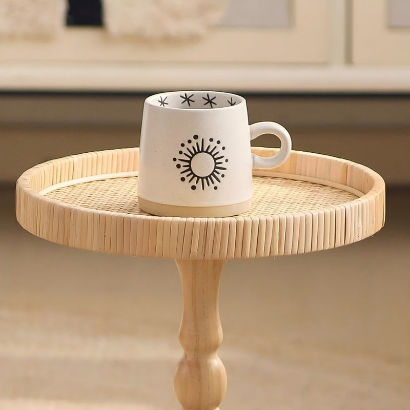 Boho Circle Accent Table Coffee Table with Solid Wood Leg for Living Room