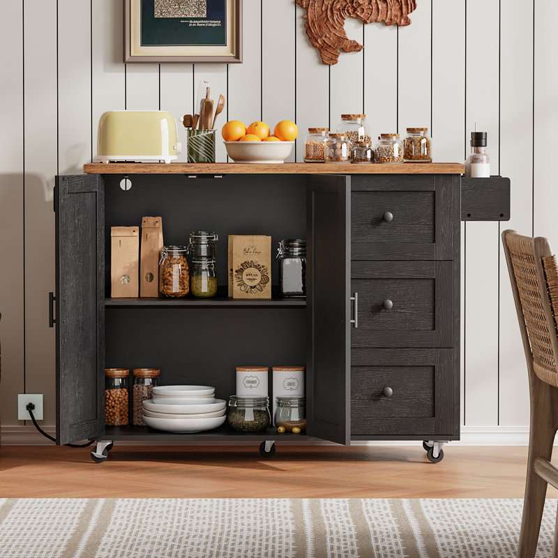 Mayrani 43" Rolling  Kitchen Island with Storage and Power Outlet, Brown/Black