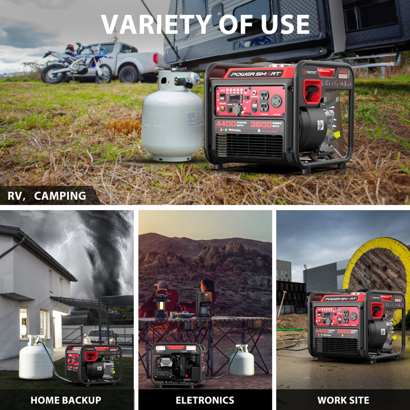 PowerSmart 4400W Start Rated / 3600 Running Watts Dual Fuel Generator, RV Ready 30A Outlet, CO Alarm, Parallel Capability, VFT Display for Home Backup and Camping
