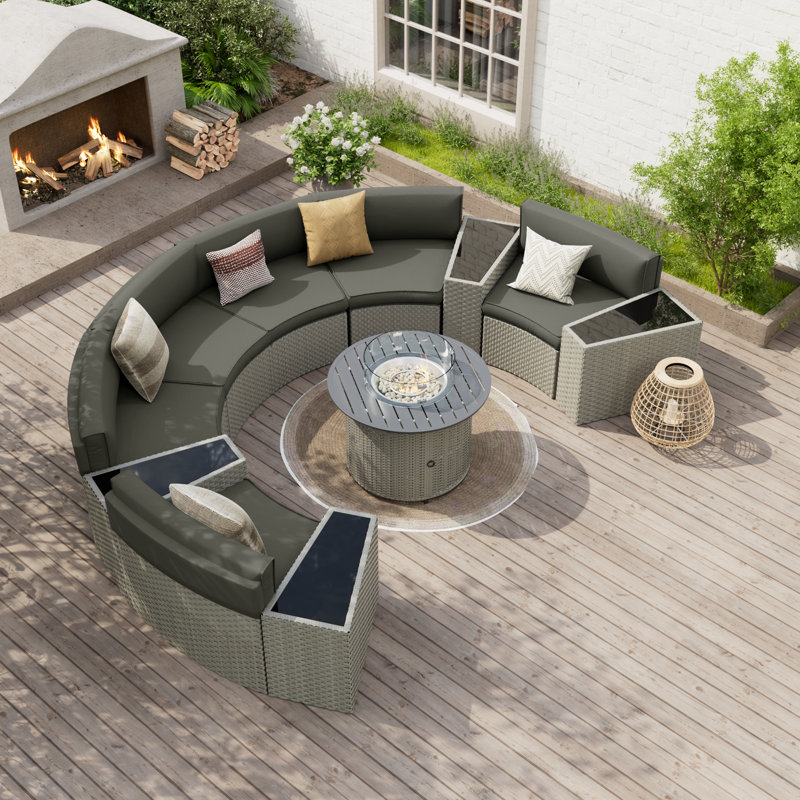 Dartmore Half-Moon 6 - Person Fully Assembled Curved Patio Conversation Set With Fire Pit Table or Coffee Table, Gray
