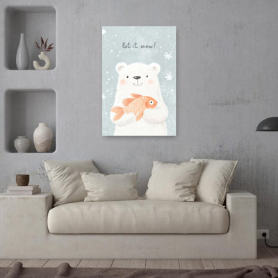 Let It Snow Bear Abstract Contemporary Bear Fish Winter Landscape Wall Art Print 1 Piece Wrapped Canvas Wall Art