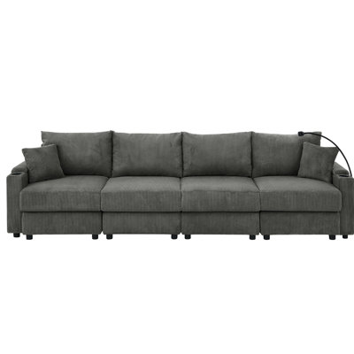 Modern 4 Seat With Storage, Beige Corduroy, 22.5in Deep Seat, Body Support, Living Room Phone Holder Charging Ports,