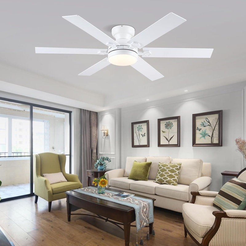 46 White Low Profile Ceiling Fan 6-Blade with Lights Remote Modern 3 Colors 6 Speeds Flush Mount Reversible DC Motor, White