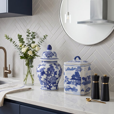 Set of 2 Chinoiserie Ceramic Ginger Jars with Lids - Decorative Lidded Storage Jars for Shelves, Consoles & Tabletops - Blue & White