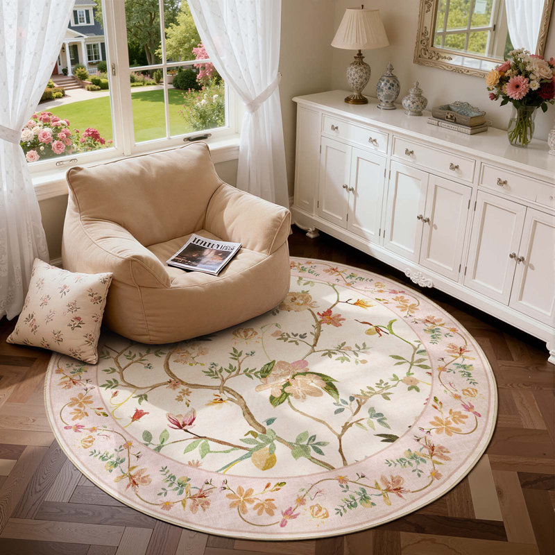 Chinoiserie Vintage Floral Rug Washable Non-slip, Round 6', Pink
