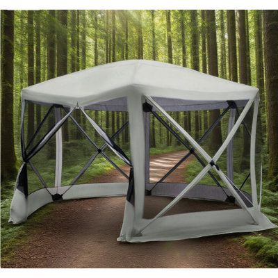 6-Sided Hexagon Pop Up Party Tent Gazebo with Mesh Netting Walls & Shaded Interior, 12' x 12', Beige