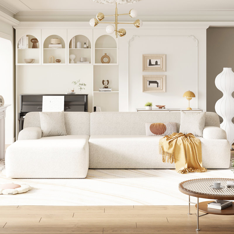 Grand modulaire moderne en forme de L pour le salon - combinaison 2 pièces. Confort surdimensionné avec assise profonde de 27 pouces. Tissu chenille froissé amélioré. 3 mousse haute densité. Beige L 111 po x