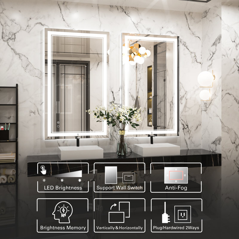 Adorna Frameless LED Lighted Bathroom / Vanity Mirror with Brightness Adjustable, Memory Function, Anti-fog, 24"  x 40" 