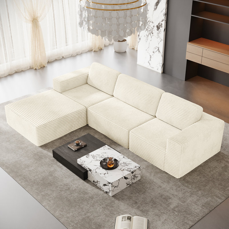 Modular Corduroy 303cm 3-seater Sofa With 1 Ottoman, No Assembly Required, With High Rebound Sponge, Beige