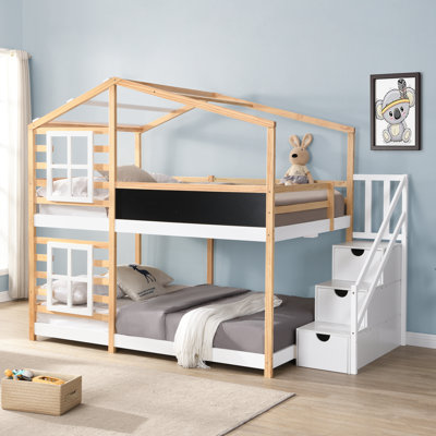 Bunk Bed House Bed With Roof Windows Blackboard And Storage Ladder  Platform Bed,bed Frame