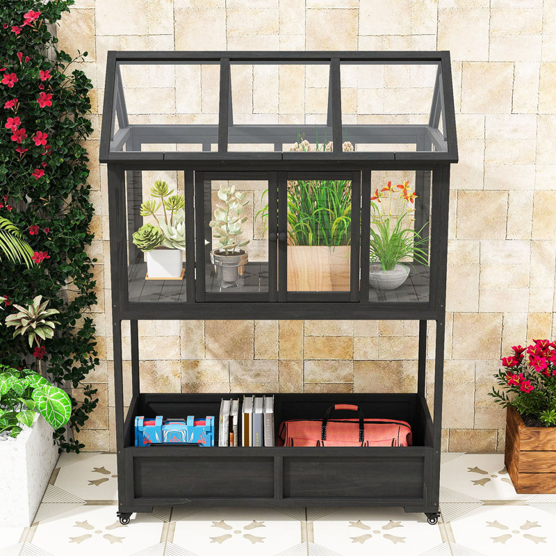Garden Mini Greenhouse with Movable Wheels, Openable Roof and Storage Box, Black
