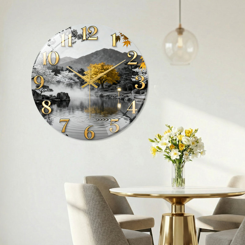"Mountain Lake", horloge murale en verre, 60 x 60 cm (23,6 x 23,6 pouces)