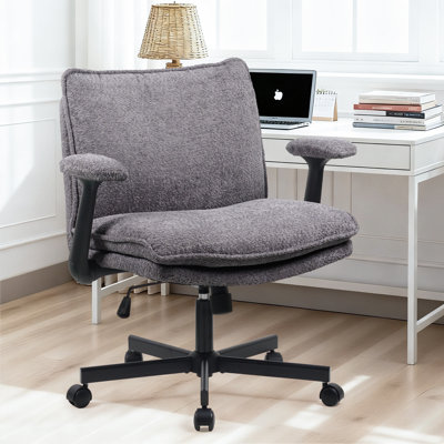 Cross-Legged Teddy  Office Chair With Flip up Armrest &Wide Seat，Ergonomic Fabric Home Office Chair 