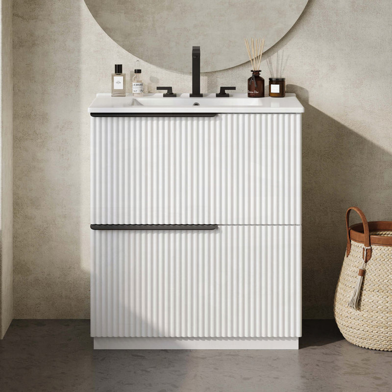 Meuble-lavabo de salle de bain avec lavabo en céramique, système de tiroir divisé et conception cannelée, Blanc