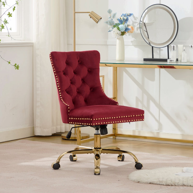 Chaise de bureau, fauteuil de bureau capitonné en velours capitonné moderne avec base en métal doré, chaise de bureau pivotante réglable (rouge vin)