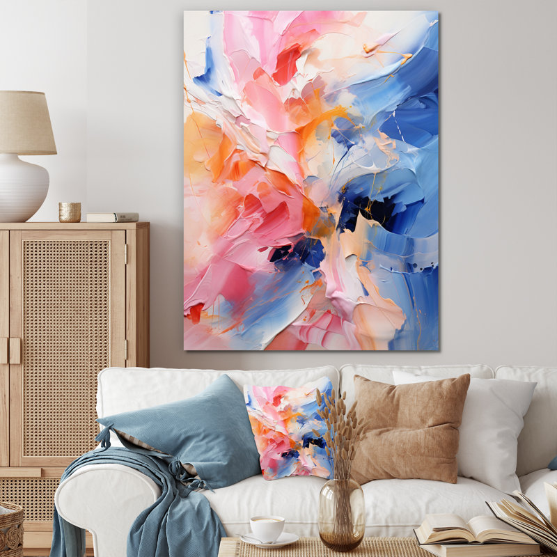 Fusion rose, bleu et fleurs I, Toile tendue, H 44 po x l 34 po x P 1,5 po