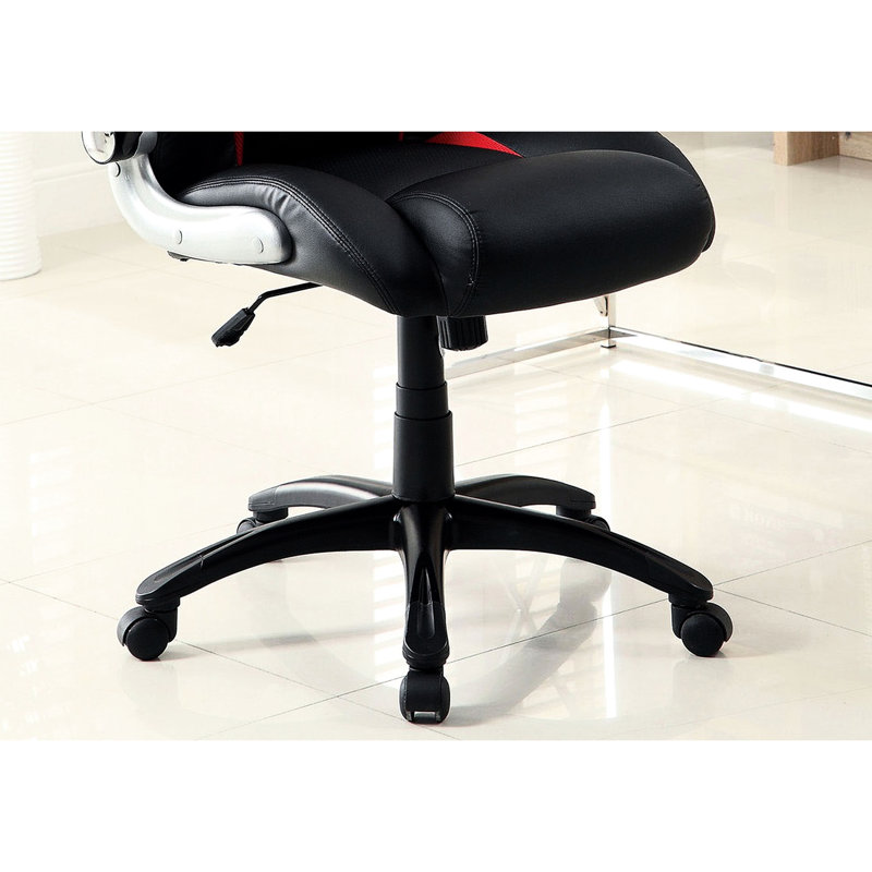 Chaise avec accoudoirs contemporaine rembourrée pour le travail de bureau, noire avec des accents argentés et rouges, réglable en hauteur, avec pieds réglables et confort